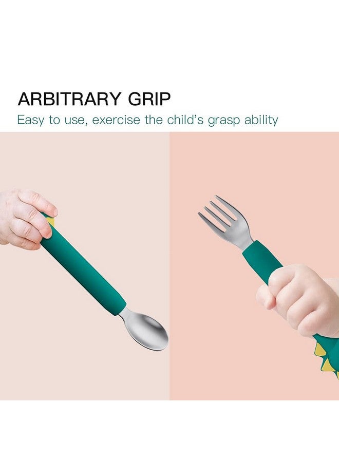 SFCCMM Baby Forks and Spoons Set Baby Training Utensils Self Feeding Toddler Silverware Silicone and Stainless Steel Kids and Toddler Utensil (Green Dinosaur - Long) - Image 5