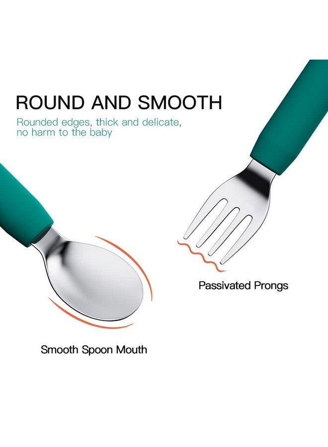 SFCCMM Baby Forks and Spoons Set Baby Training Utensils Self Feeding Toddler Silverware Silicone and Stainless Steel Kids and Toddler Utensil (Green Dinosaur - Long) - Image 2