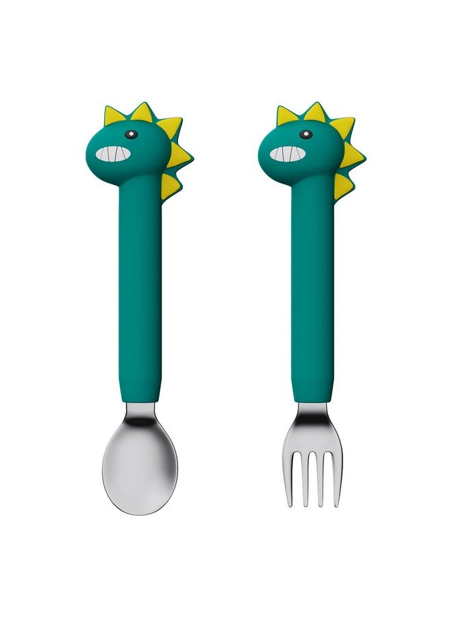 SFCCMM Baby Forks and Spoons Set Baby Training Utensils Self Feeding Toddler Silverware Silicone and Stainless Steel Kids and Toddler Utensil (Green Dinosaur - Long) - Image 1
