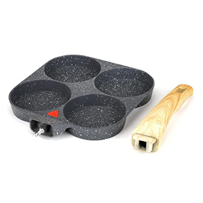 4 Hole Aluminium Non-Stick Egg Frying Pan for Gas, Electric and Induction Hobs, with Detachable Wooden Handle - Image 3