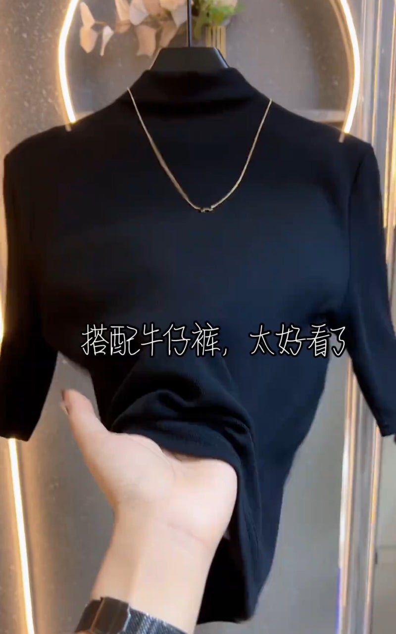 One-piece collar fashion shoulder half-high neck T-shirt, women's high-end feeling, trendy and versatile, slimming temperament, mid-sleeved inner top - Image 2