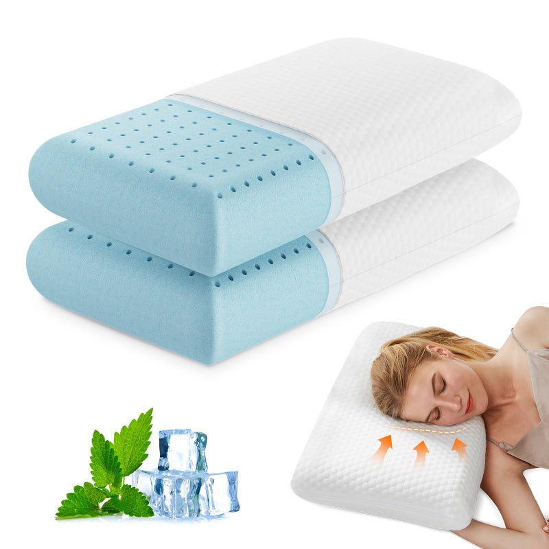 DUMOS Memory Foam Pillows for Sleeping 2 Pack, Bed Pillows for Adults with Washable Cover and Breathable Mesh, Gel Cooling Pillow for Back and Side Sleeper Support, White - Image 1