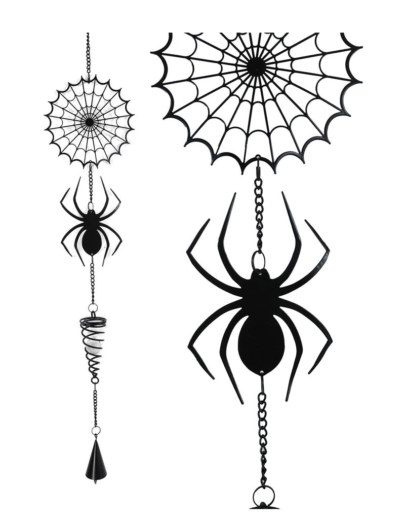 Ebros Gift Arachnid Spider Web Cobweb Black Coated Steel Metal Wall Hanging Wind Chime with Beads Home and Patio Decor Gothic Halloween Macabre Spiders Webs Mobile Noisemaker