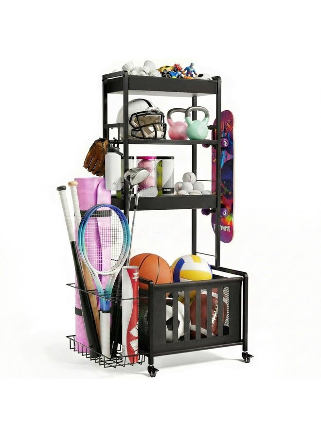 Faesun Sports Equipment Organizer, Ball Storage Rack for Garage, 4-Tier Outdoor/Indoor Rolling Ball Carts with Wheels for Toy Sports Gear Storage, Black - Image 1