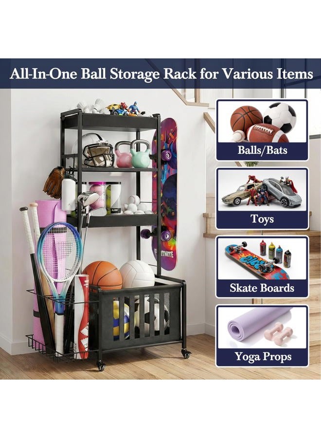 Faesun Sports Equipment Organizer, Ball Storage Rack for Garage, 4-Tier Outdoor/Indoor Rolling Ball Carts with Wheels for Toy Sports Gear Storage, Black - Image 3