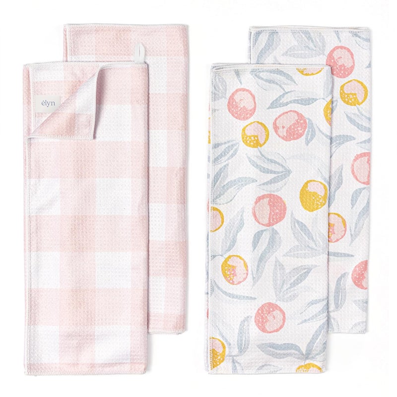 ELYN Microfiber Kitchen Dish Towel Set, Quick-Dry & Absorbent Waffle Weave Cleaning Towels, Set of 4 Kitchen Towels, Paper Towels Alternative (Oranges & Gingham) - Image 1