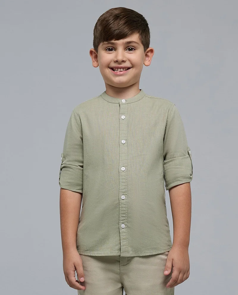 أر أند بي Solid Shirt with Mandarin Collar and Long Sleeves