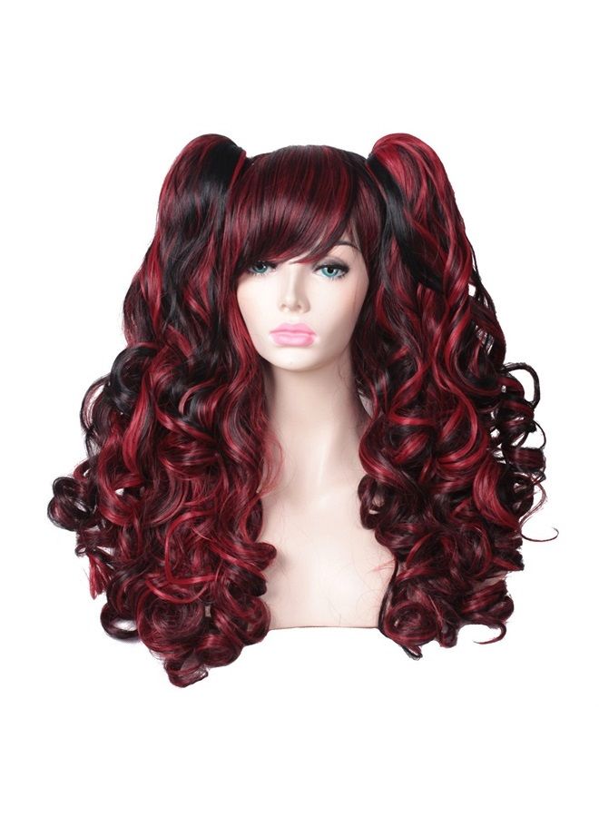 Long Curly Multi-Color Cosplay Wig with 2 Ponytails(Black with Red)