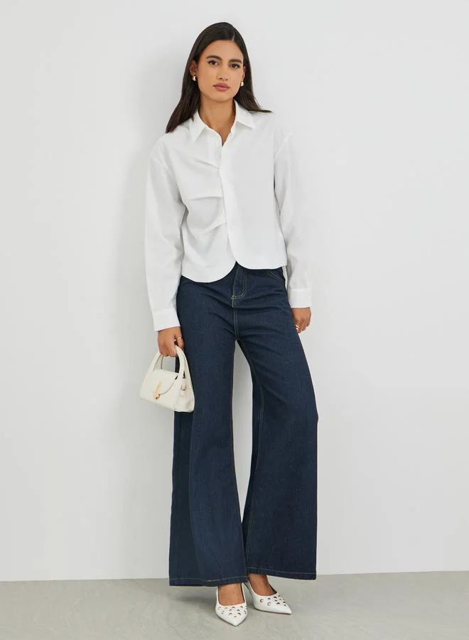 Styli Styli Solid Pleated Buttoned Front Shirt