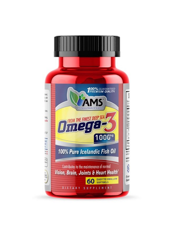 America Medic & Science Omega-3 1000mg (60 Softgels) | Dietary Supplement for Men and Women | 100% Pure Icelandic Fish Oil | with EPA and DHA | Supports Vision, Brain, Joints, and Heart Health - Image 1