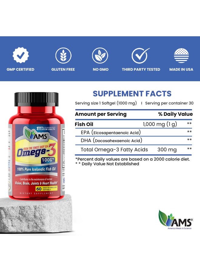 America Medic & Science Omega-3 1000mg (60 Softgels) | Dietary Supplement for Men and Women | 100% Pure Icelandic Fish Oil | with EPA and DHA | Supports Vision, Brain, Joints, and Heart Health - Image 5