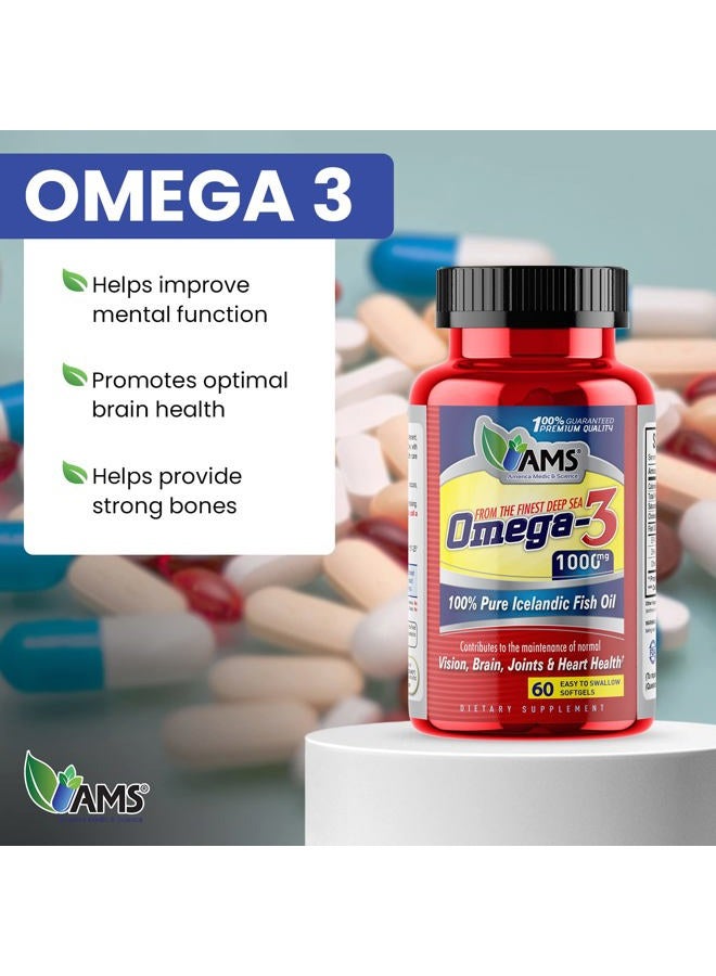 America Medic & Science Omega-3 1000mg (60 Softgels) | Dietary Supplement for Men and Women | 100% Pure Icelandic Fish Oil | with EPA and DHA | Supports Vision, Brain, Joints, and Heart Health - Image 2