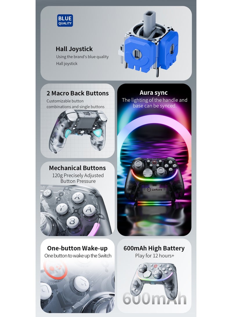 LinYuvo Classic Transparent Gamepad LinYuvo KS55 Bluetooth Game Controller with Charging Dock for Switch, PC, iOS, Android with RGB Colorful Light, Zero Dead Zone Hall Joystick, Six-Axis Gyroscope, Custom Button, Rapid Fire, Vibration Motor, Asymmetric Joystick, One- Button Wake-Up, 600mAh High Battery Play for 12hours - Image 4