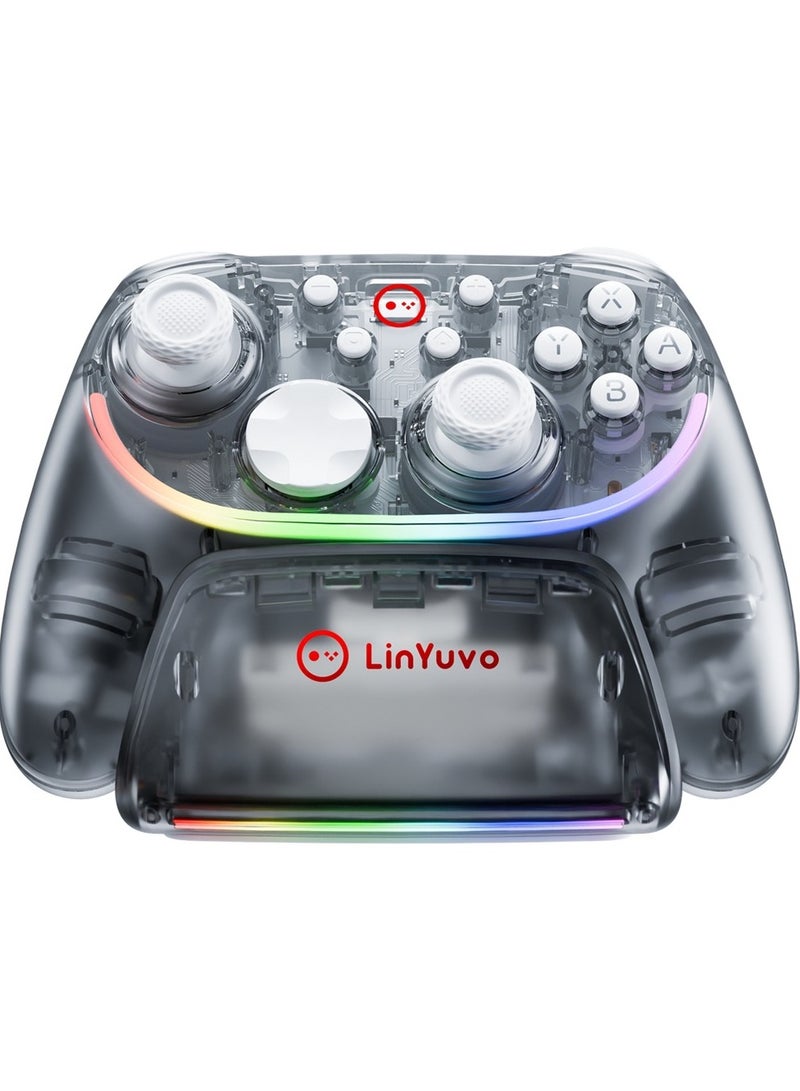 LinYuvo Classic Transparent Gamepad LinYuvo KS55 Bluetooth Game Controller with Charging Dock for Switch, PC, iOS, Android with RGB Colorful Light, Zero Dead Zone Hall Joystick, Six-Axis Gyroscope, Custom Button, Rapid Fire, Vibration Motor, Asymmetric Joystick, One- Button Wake-Up, 600mAh High Battery Play for 12hours - Image 1