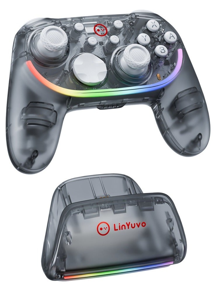 LinYuvo Classic Transparent Gamepad LinYuvo KS55 Bluetooth Game Controller with Charging Dock for Switch, PC, iOS, Android with RGB Colorful Light, Zero Dead Zone Hall Joystick, Six-Axis Gyroscope, Custom Button, Rapid Fire, Vibration Motor, Asymmetric Joystick, One- Button Wake-Up, 600mAh High Battery Play for 12hours - Image 2
