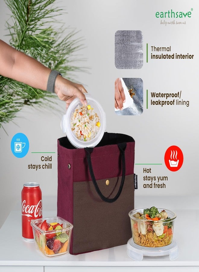 earthsave Insulated Lunch Bag for Office Women & Men (Maroon & Brown) | Eco-Friendly Canvas Tiffin Bags for School, Cotton Drawstring Lunch Bag for Kids| Cloth Lunch Box Bags - Image 5