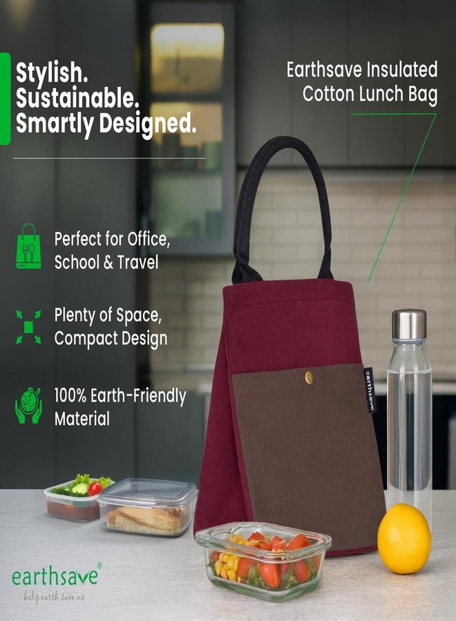 earthsave Insulated Lunch Bag for Office Women & Men (Maroon & Brown) | Eco-Friendly Canvas Tiffin Bags for School, Cotton Drawstring Lunch Bag for Kids| Cloth Lunch Box Bags - Image 2