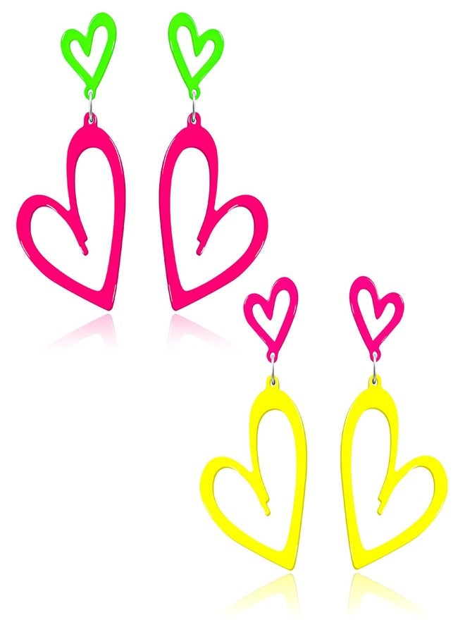 TRTYEF 2 Pairs Neon Heart Earrings for Women: Acrylic 80s 90s Glow Party Accessories, Retro Pink & Yellow Lightweight Earrings Gifts (2 Pairs) - Image 1