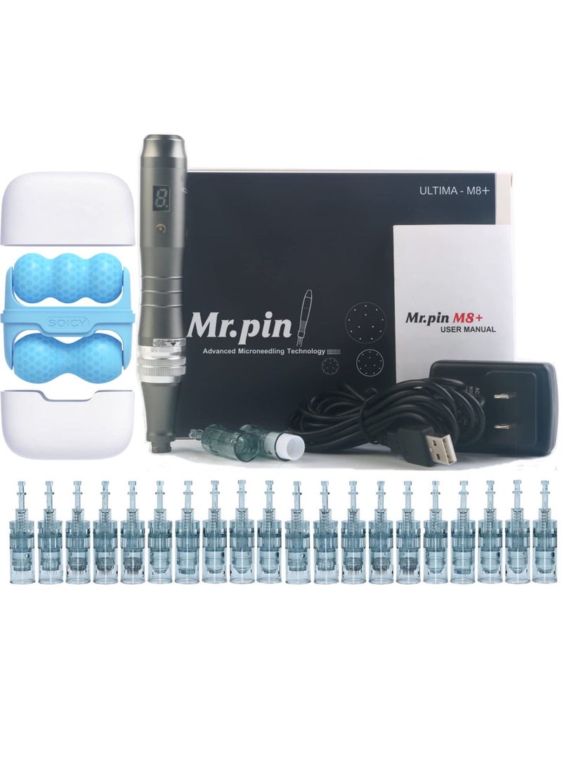 مستر بن قلم ديرما بن المُتطور مستر بن M8 بلس - لاسلكي مع 20 قطعة متنوعة من الخراطيش مع عجلة التدليك الثلجية للعناية بالبشرة ومقاومة الشيخوخة وتحسين ندبات حب الشباب ويساعد على نمو الشعر - Image 1