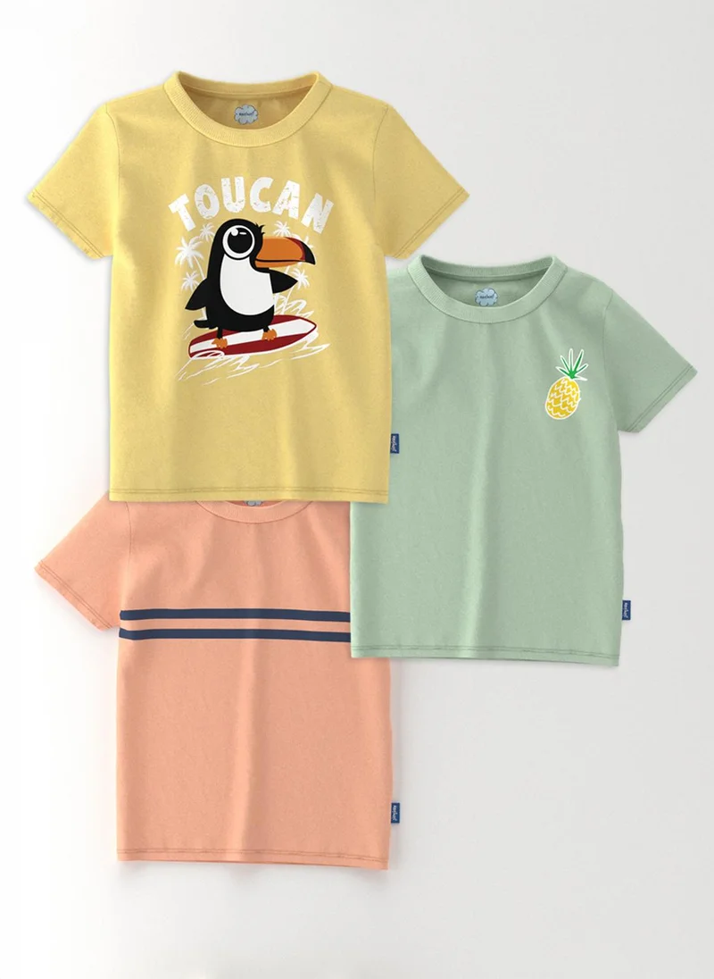 Nautinati Green, Yellow, Peach Nautinati Boys' Cotton Pack of 3 Graphic Printed T-shirt for Men | Best Price UAE