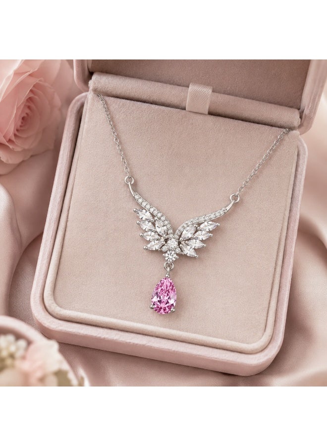 RAFAL Pink Wishes Women's Silver-Tone Wing Pendant Necklace with Marquise Crystals and Pink Pear Drop - Image 3