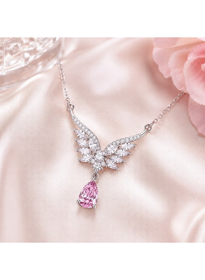 RAFAL Pink Wishes Women's Silver-Tone Wing Pendant Necklace with Marquise Crystals and Pink Pear Drop - Image 2