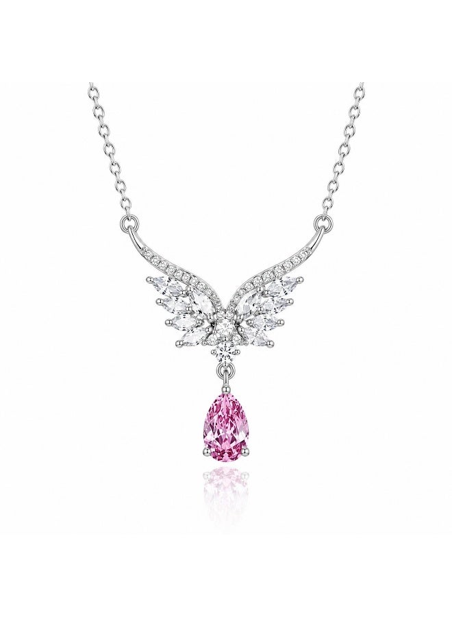 RAFAL Pink Wishes Women's Silver-Tone Wing Pendant Necklace with Marquise Crystals and Pink Pear Drop - Image 1
