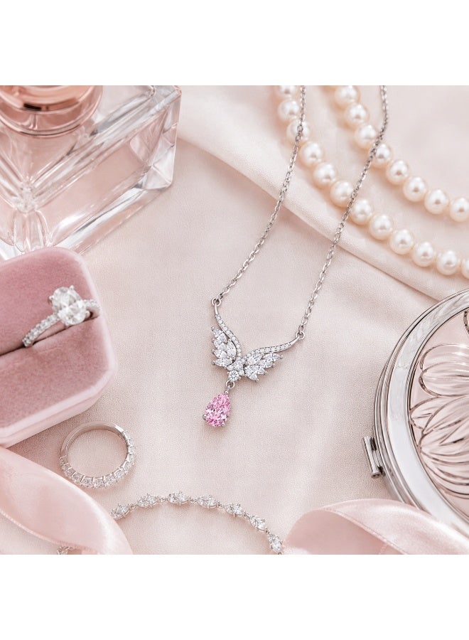 RAFAL Pink Wishes Women's Silver-Tone Wing Pendant Necklace with Marquise Crystals and Pink Pear Drop - Image 4