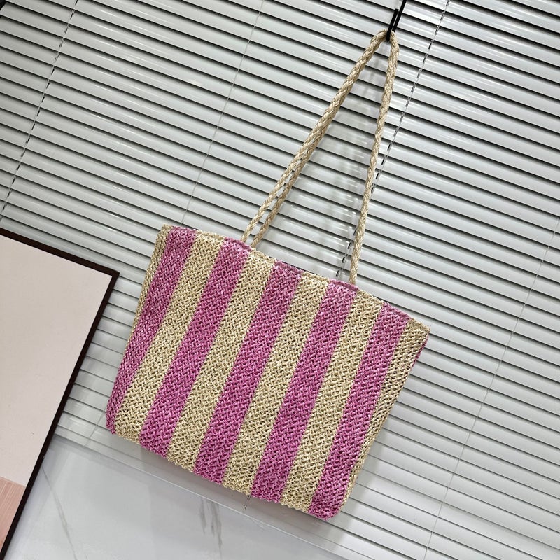 Large Capacity Straw Women'S Shoulder Bag Contrast Color Striped Commuter Portable Women'S Bag - Image 4
