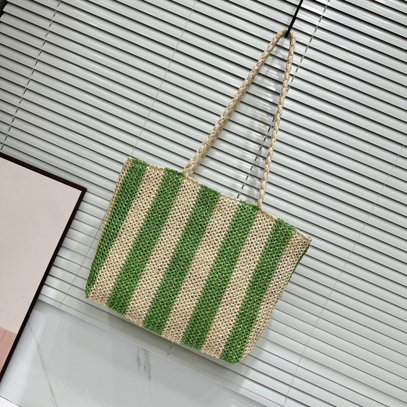 Large Capacity Straw Women'S Shoulder Bag Contrast Color Striped Commuter Portable Women'S Bag - Image 3