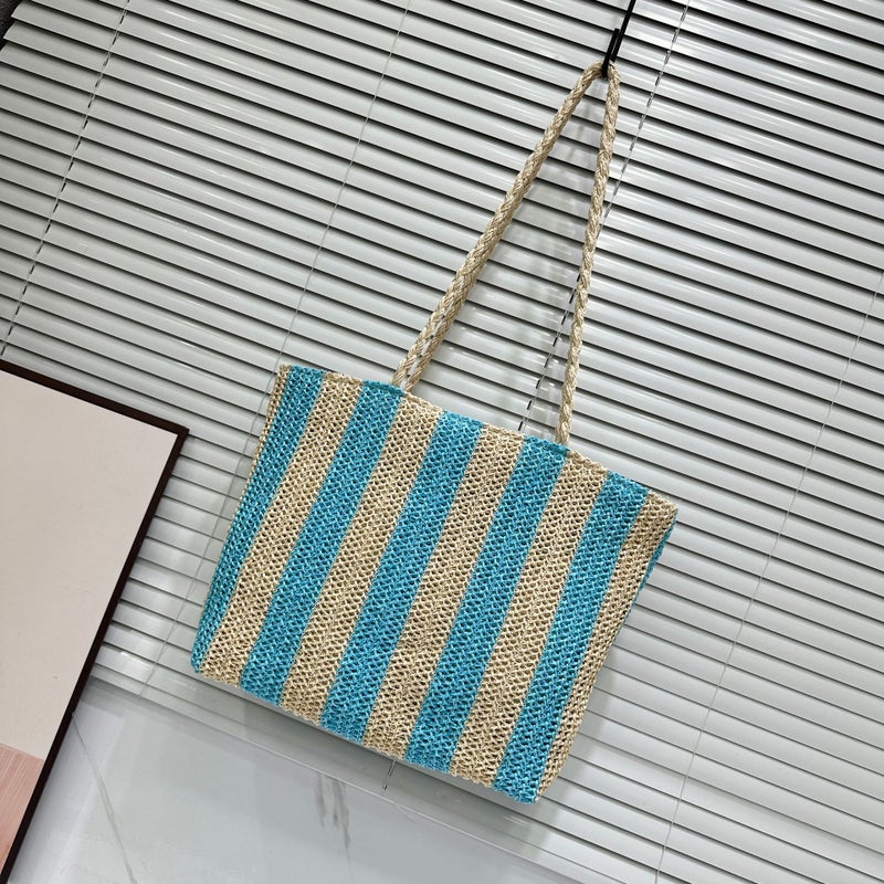 Large Capacity Straw Women'S Shoulder Bag Contrast Color Striped Commuter Portable Women'S Bag - Image 1
