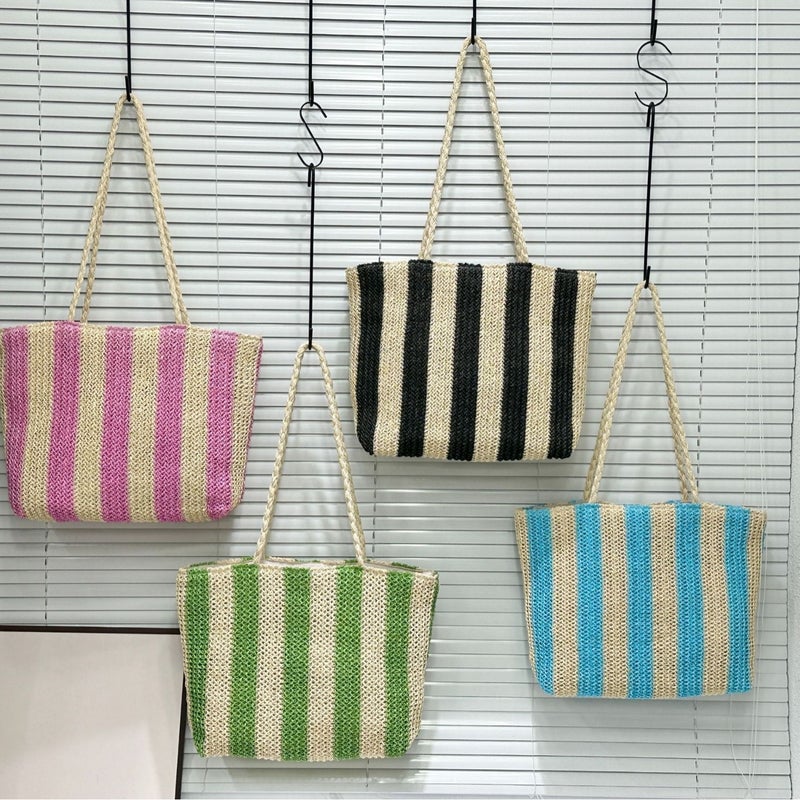 Large Capacity Straw Women'S Shoulder Bag Contrast Color Striped Commuter Portable Women'S Bag - Image 2
