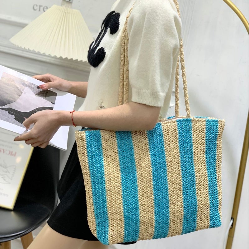 Large Capacity Straw Women'S Shoulder Bag Contrast Color Striped Commuter Portable Women'S Bag - Image 5