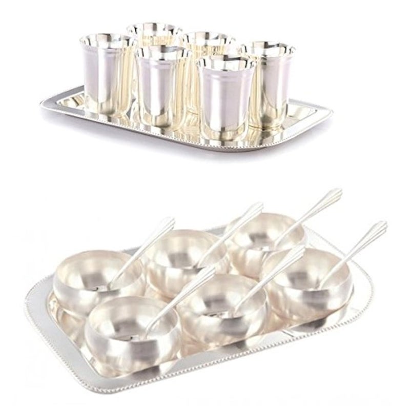 GoldGiftIdeas Silver Plated Six Glass/Tray And Six Manchurian Bowl/Spoon-Tray Combo, Dinnerware Items, Dinnerware Set, 300 ML - Image 1