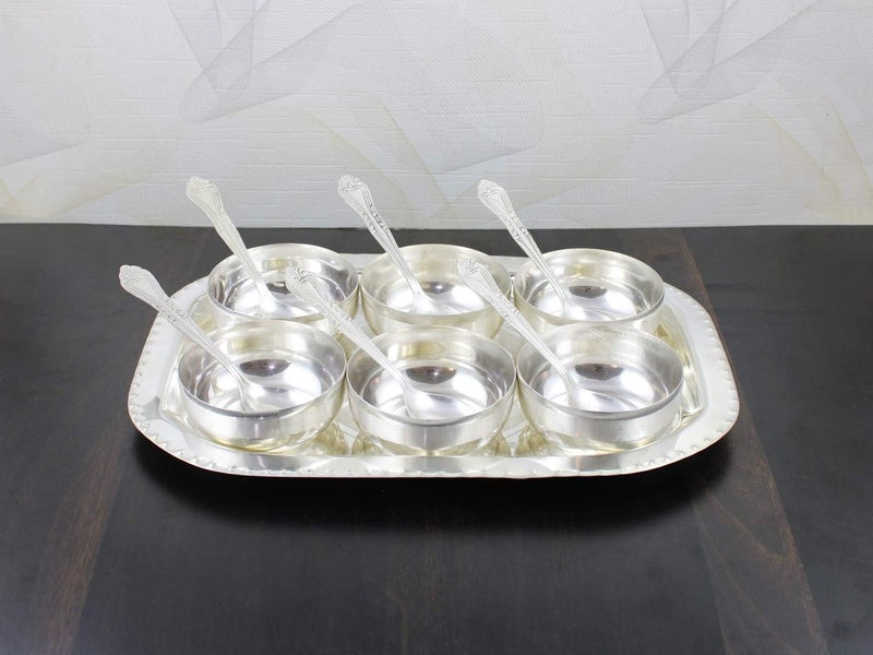 GoldGiftIdeas Silver Plated Six Glass/Tray And Six Manchurian Bowl/Spoon-Tray Combo, Dinnerware Items, Dinnerware Set, 300 ML - Image 3