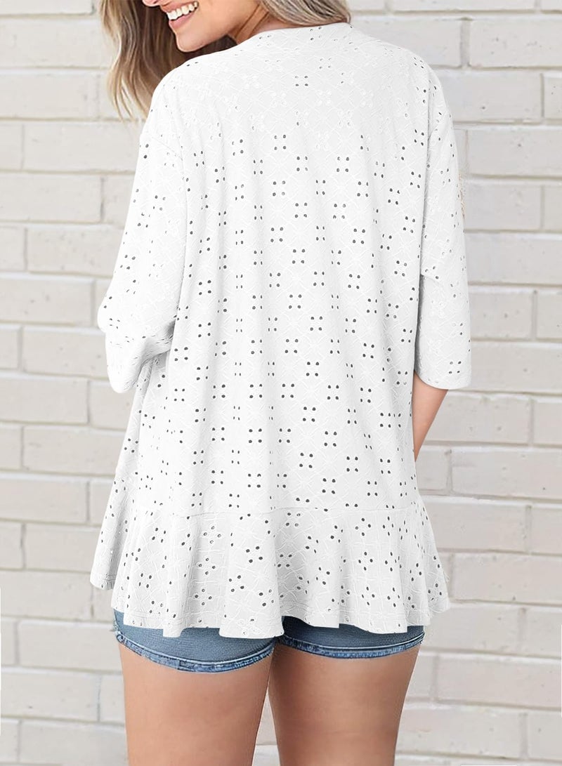 Sidefeel Women's Summer Lightweight Open Front Cardigans Spring Fashion Knit Ruffle Half Sleeve Kimono Cardigans Sweaters White 2X-Large - Image 2