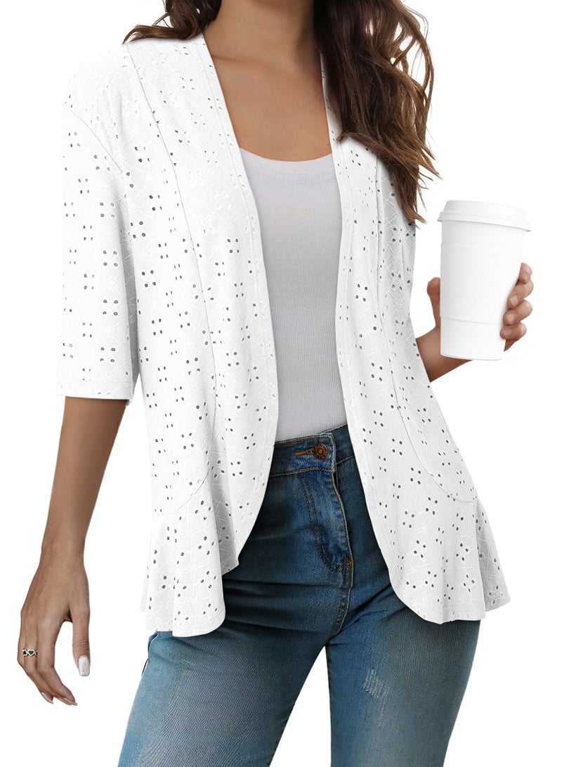 Sidefeel Women's Summer Lightweight Open Front Cardigans Spring Fashion Knit Ruffle Half Sleeve Kimono Cardigans Sweaters White 2X-Large - Image 1