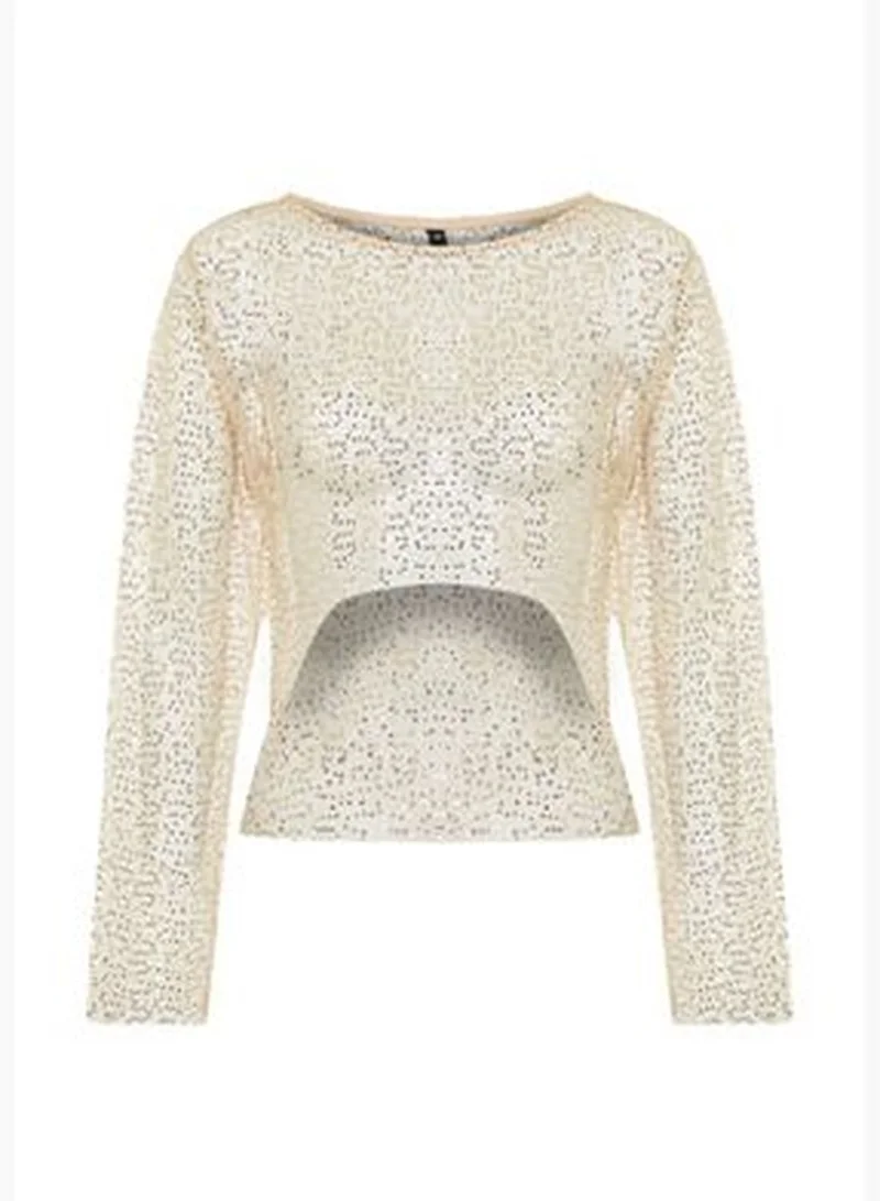 trendyol Beige Crop Knitted Unlined Shiny Mesh Sequin Blouse