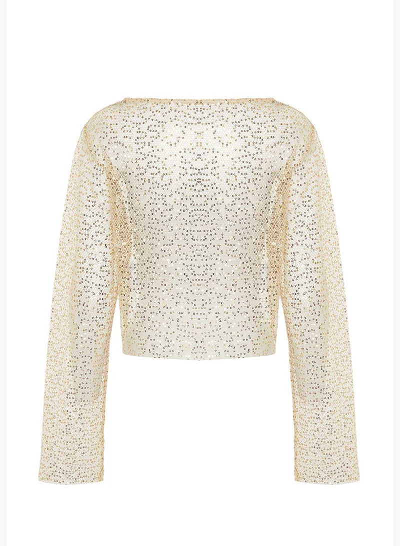 trendyol Beige Crop Knitted Unlined Shiny Mesh Sequin Blouse