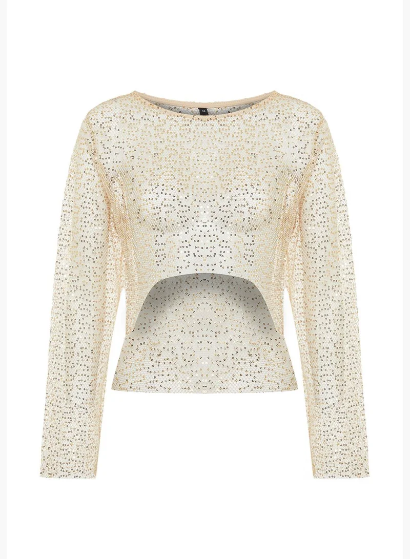 trendyol Beige Crop Knitted Unlined Shiny Mesh Sequin Blouse