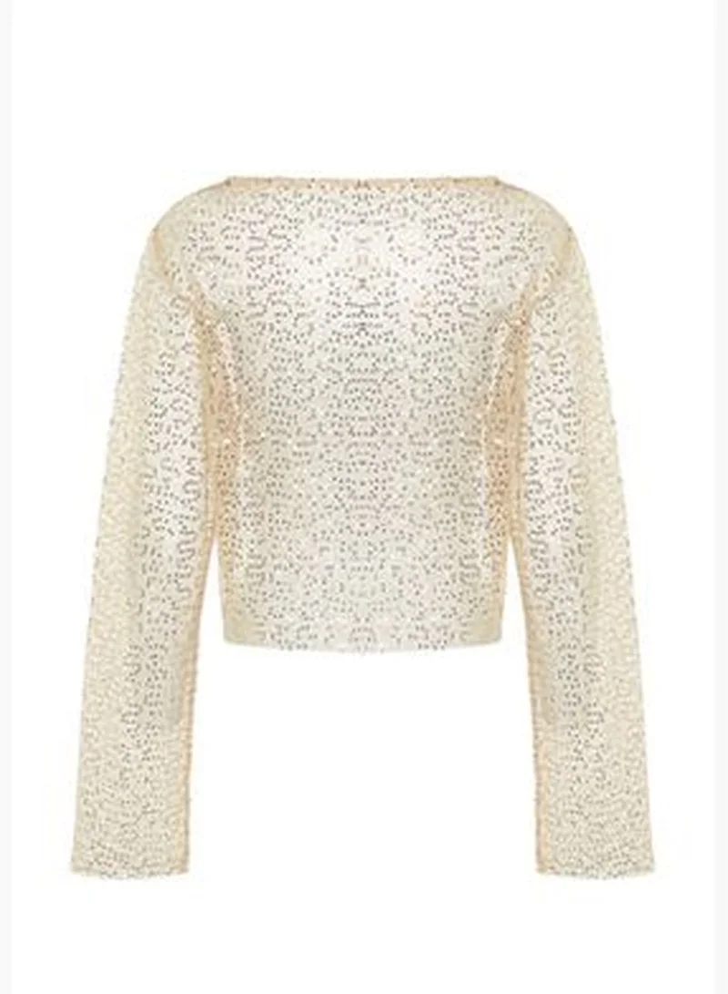 trendyol Beige Crop Knitted Unlined Shiny Mesh Sequin Blouse