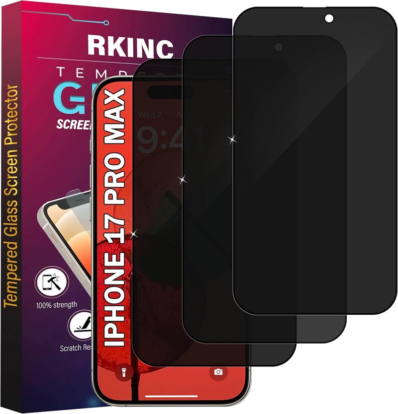 ريكنك واقي شاشة [3 عبوات] لهاتف iPhone 17 Pro Max، فيلم زجاج مقوى للخصوصية لواقي الشاشة، [مضاد للتجسس][مضاد للخدش][خالٍ من الفقاعات] - Image 1