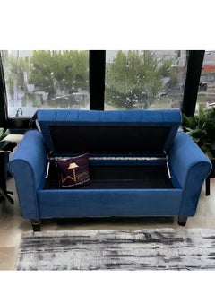 Wooden Twist Button Tufted Design Premium Wood 2 Seater Storage Bench (Blue)  - Image 2