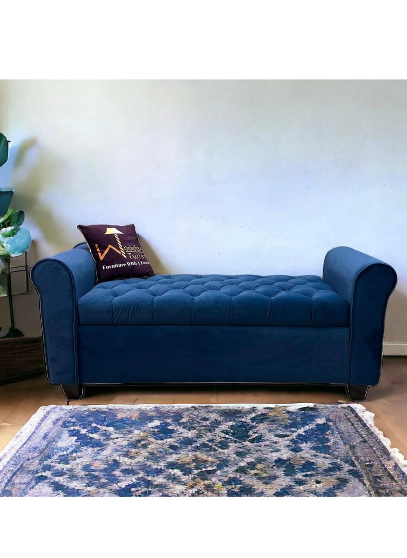 Wooden Twist - Button Tufted Design Premium Wood 2 Seater Storage Bench (Blue) - Image 1