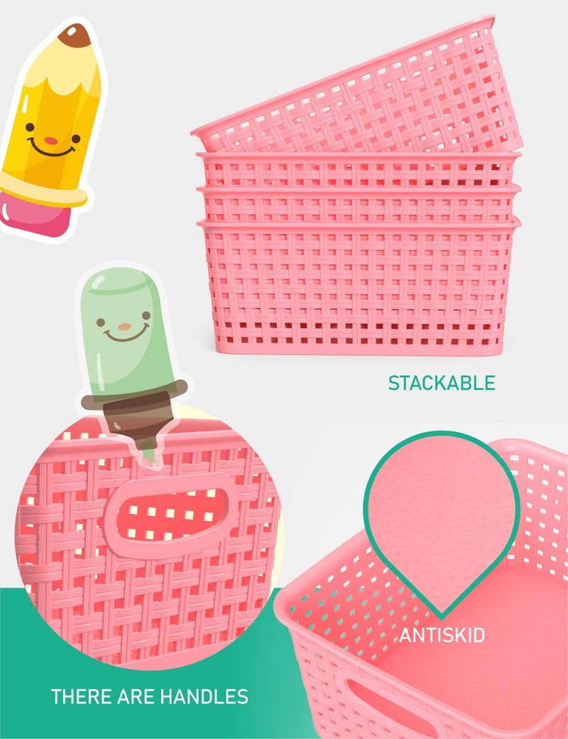 WYT 6-Pack Plastic Small Shelf Storage Weave Baskets Organizing for Cabinets and Pantries, Pink - Image 3