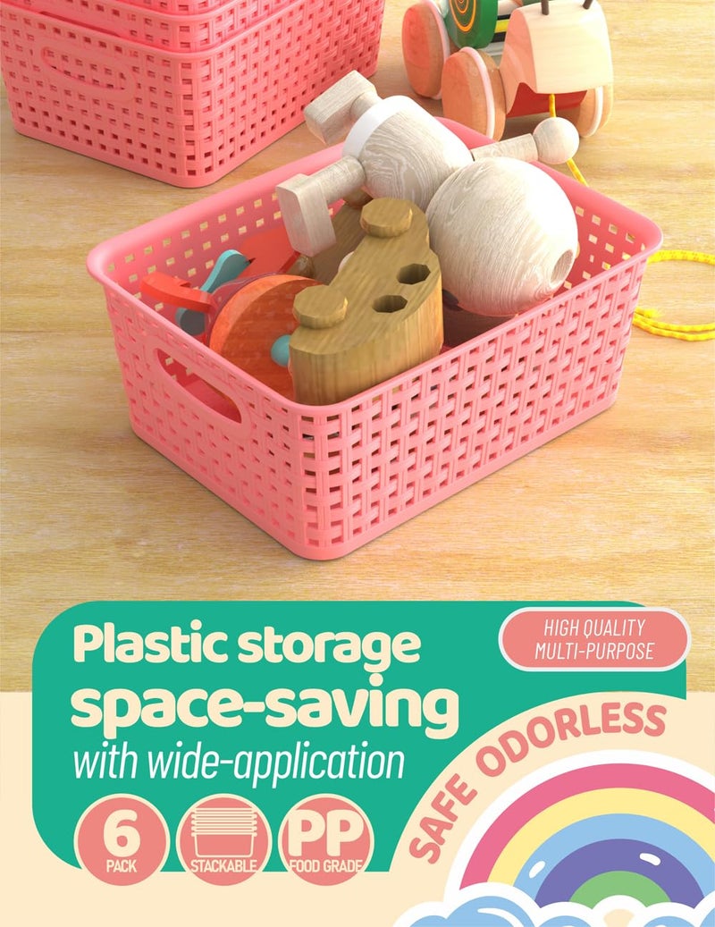 WYT 6-Pack Plastic Small Shelf Storage Weave Baskets Organizing for Cabinets and Pantries, Pink - Image 5