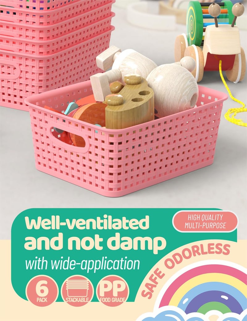 WYT 6-Pack Plastic Small Shelf Storage Weave Baskets Organizing for Cabinets and Pantries, Pink - Image 4