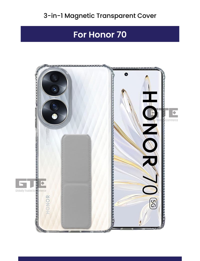 3-in-1 Magnetic Transparent Wrist Strap Hand Grip Stand Back Case Cover for Honor 70 5G, Finger Grip Soft Cover,Stand Holder TPU Case,Kickstand-Clear/Grey