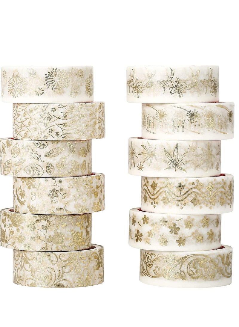 SYOSI 12 PCS Gold Vintage Washi Tape 15mm Botanical Gold Foil Washi Masking Tape with Leaves Aesthetic Decorative Tape for Bullet Journal Supplies DIY Crafts Scrapbooking Planner Gift Wrapping Washi Tape - Image 1