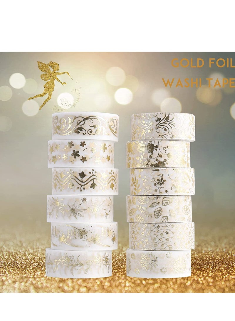 SYOSI 12 PCS Gold Vintage Washi Tape 15mm Botanical Gold Foil Washi Masking Tape with Leaves Aesthetic Decorative Tape for Bullet Journal Supplies DIY Crafts Scrapbooking Planner Gift Wrapping Washi Tape - Image 4